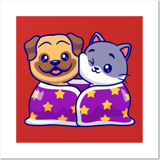 Cute Pug Dog And Cat Wearing Blanket Together Cartoon Posters and Art